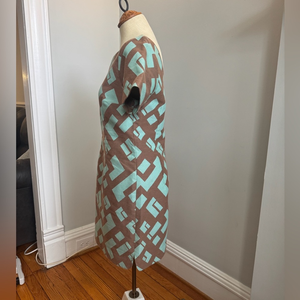 Tracy Reese Aqua and Brown Geometric Shift Dress - Picture 3 of 4
